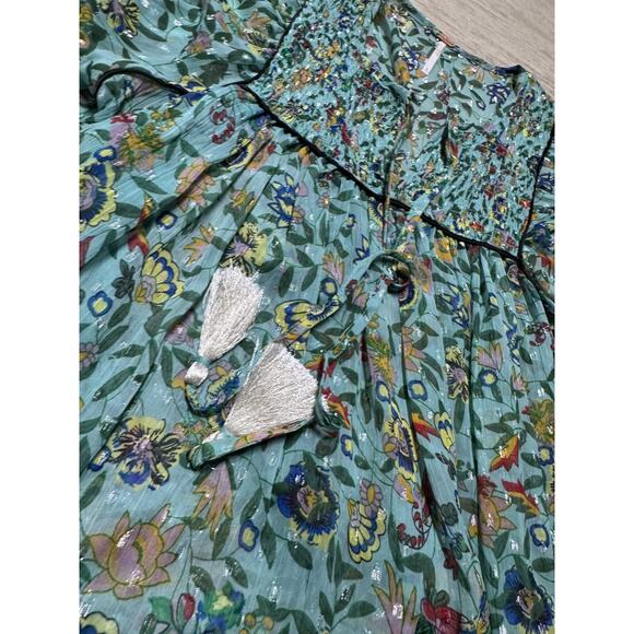 Free People Metallic Floral Midi Dress XS Puff Sleeve Light Blue Lined Oversized - Picture 2 of 9